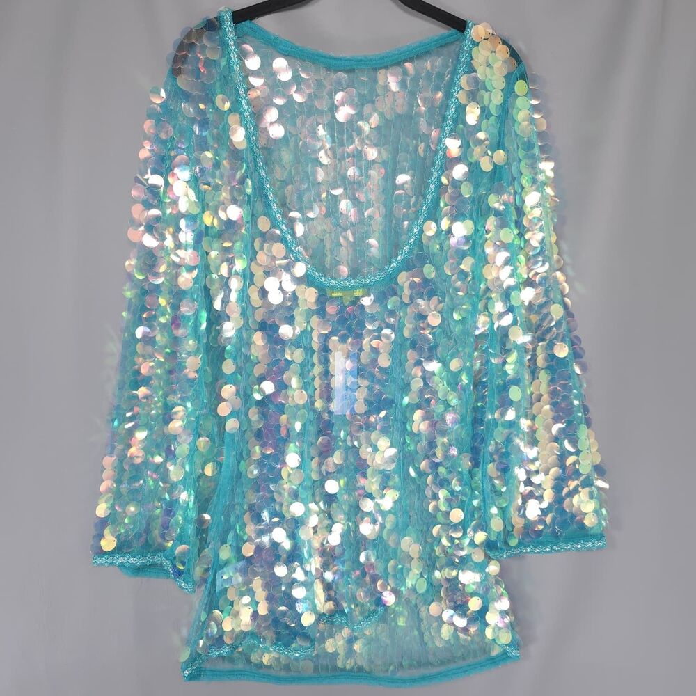 ANTHROPOLOGIE CELANDINE Women's New XS Sequin Mini Tunic Blue Iridescent Sheer